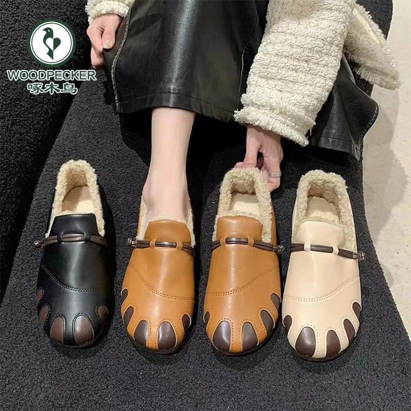 啄木鸟2024冬季新款复古加绒加厚防水保暖休闲妈妈棉鞋软底毛毛鞋