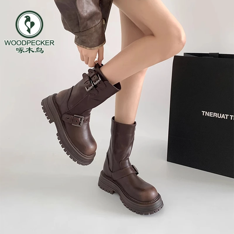 啄木鸟美拉德棕色马丁靴女2024秋季新款西部牛仔复古百搭中筒短靴