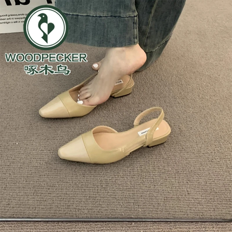 啄木鸟低跟包头凉鞋女夏季法式尖头时尚百搭淑女粗跟后空气质单鞋