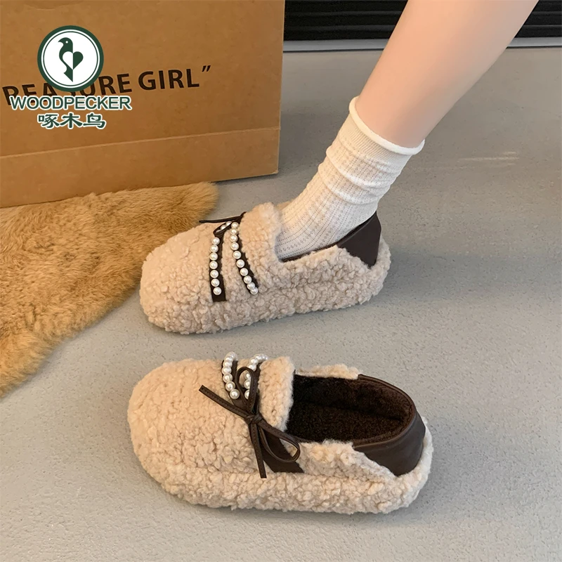啄木鸟珍珠厚底一脚蹬温柔晚晚毛毛鞋子女冬加绒外穿2024新款棉鞋