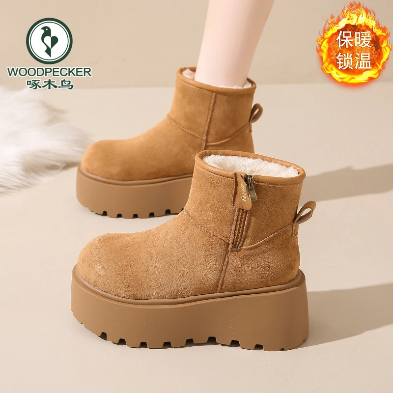 啄木鸟松糕厚底雪地靴女2024新款冬加绒保暖棉鞋皮毛一体加厚短靴