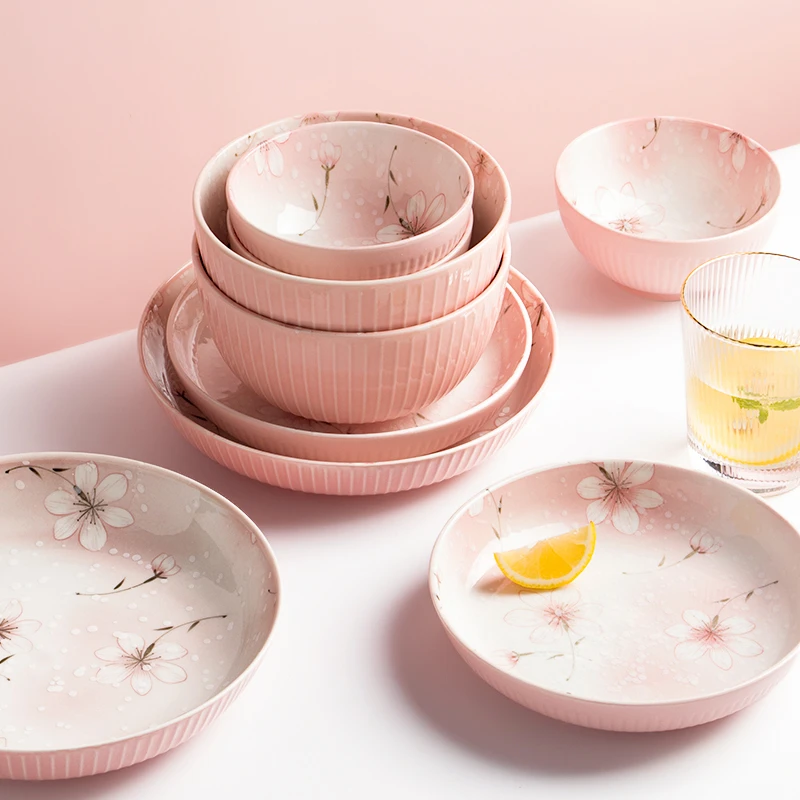 日式釉下彩陶瓷吃饭碗米饭碗组合套装家用 创意餐具碗盘盘子 雪梅