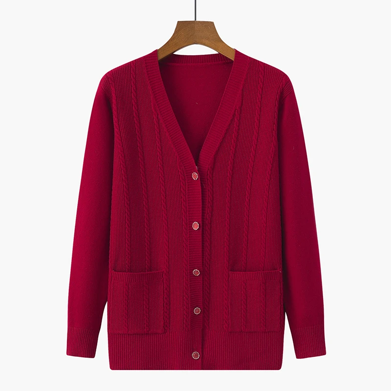 妈妈装V领针织纯色麻花开衫中老年女装秋季新款宽松时尚百搭毛衣