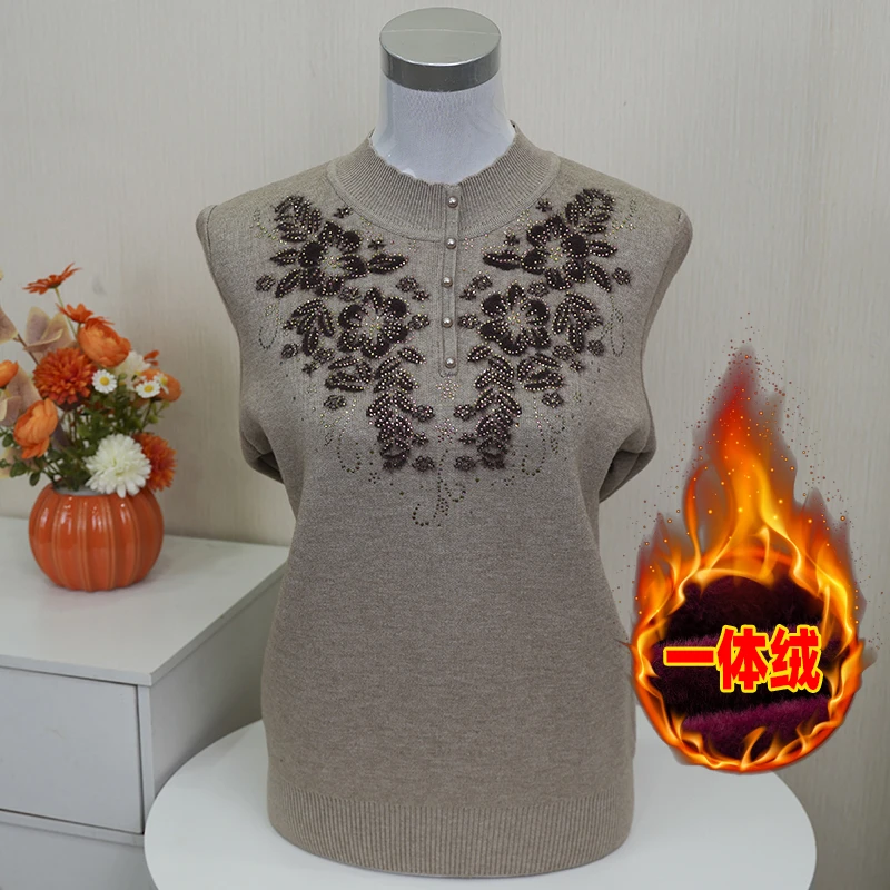 妈妈装冬季加绒毛衣中老年女装半高领一体绒针织衫奶奶洋气打底衫