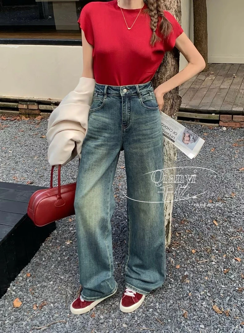 小蓝直筒牛仔裤显瘦百搭～