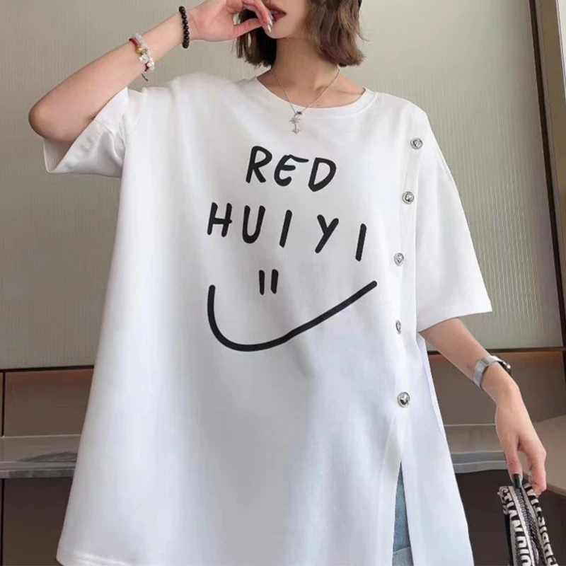 2023夏季新款韩版宽松中长款白色短袖t恤女开叉设计感别致笑脸印