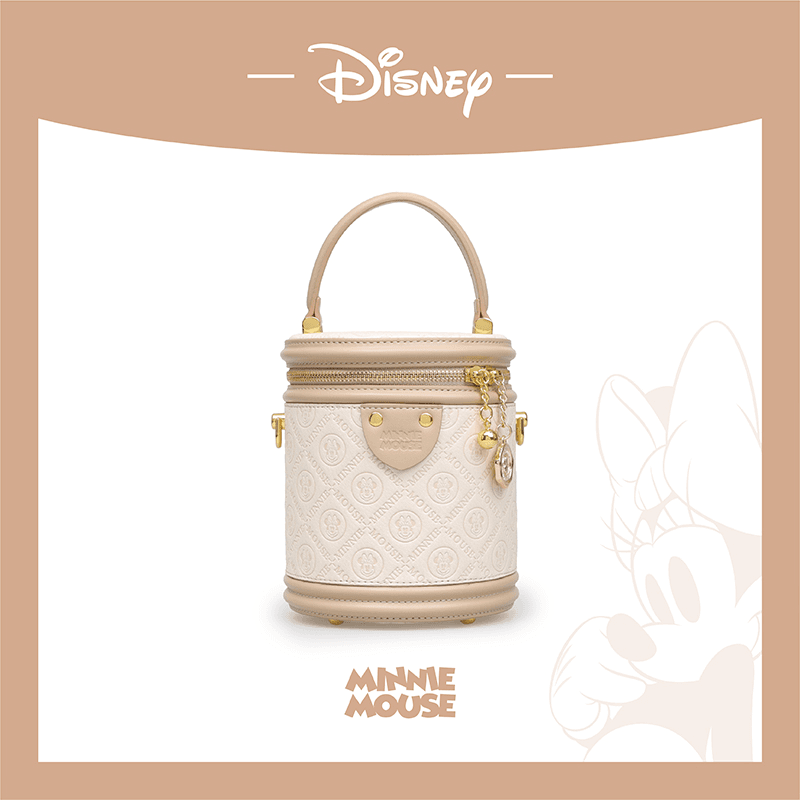 Disney/迪士尼正品米妮圆桶包包女士2023新款压花手提单肩斜挎包