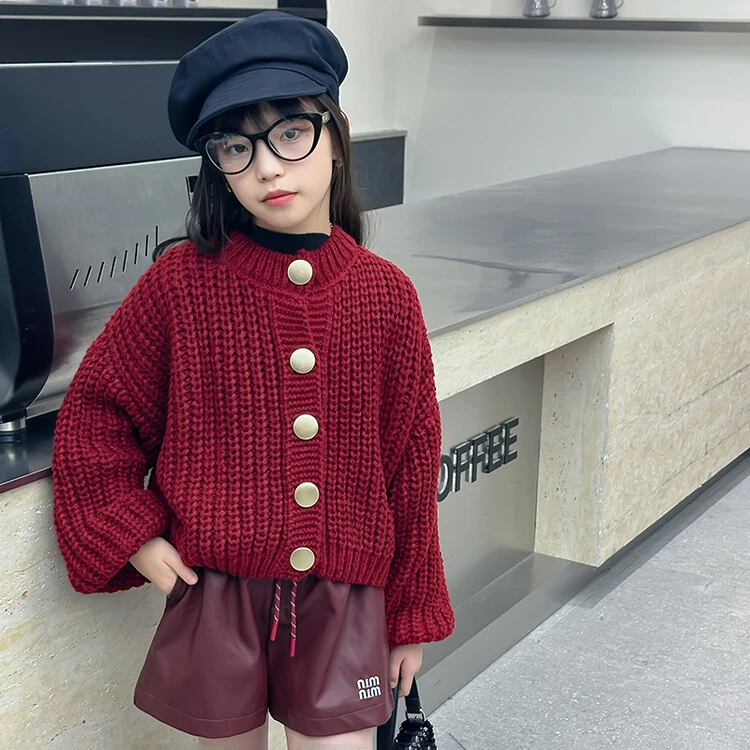 新款女童洋气百搭大金属扣毛衣开衫泡泡袖女孩韩版外套春秋装