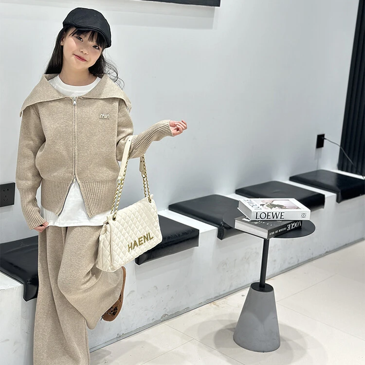 秋季女孩韩版洋气大翻领双拉链针织衫阔腿裤两件套气质春秋装