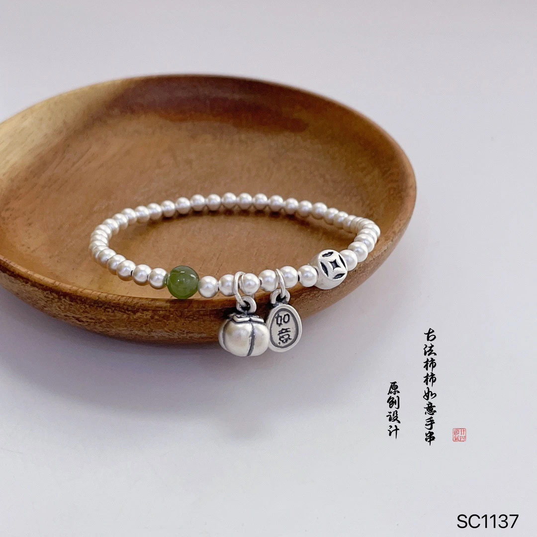 足银手链 足银999_原创设计_银珠古法工艺柿柿如意钱币手串