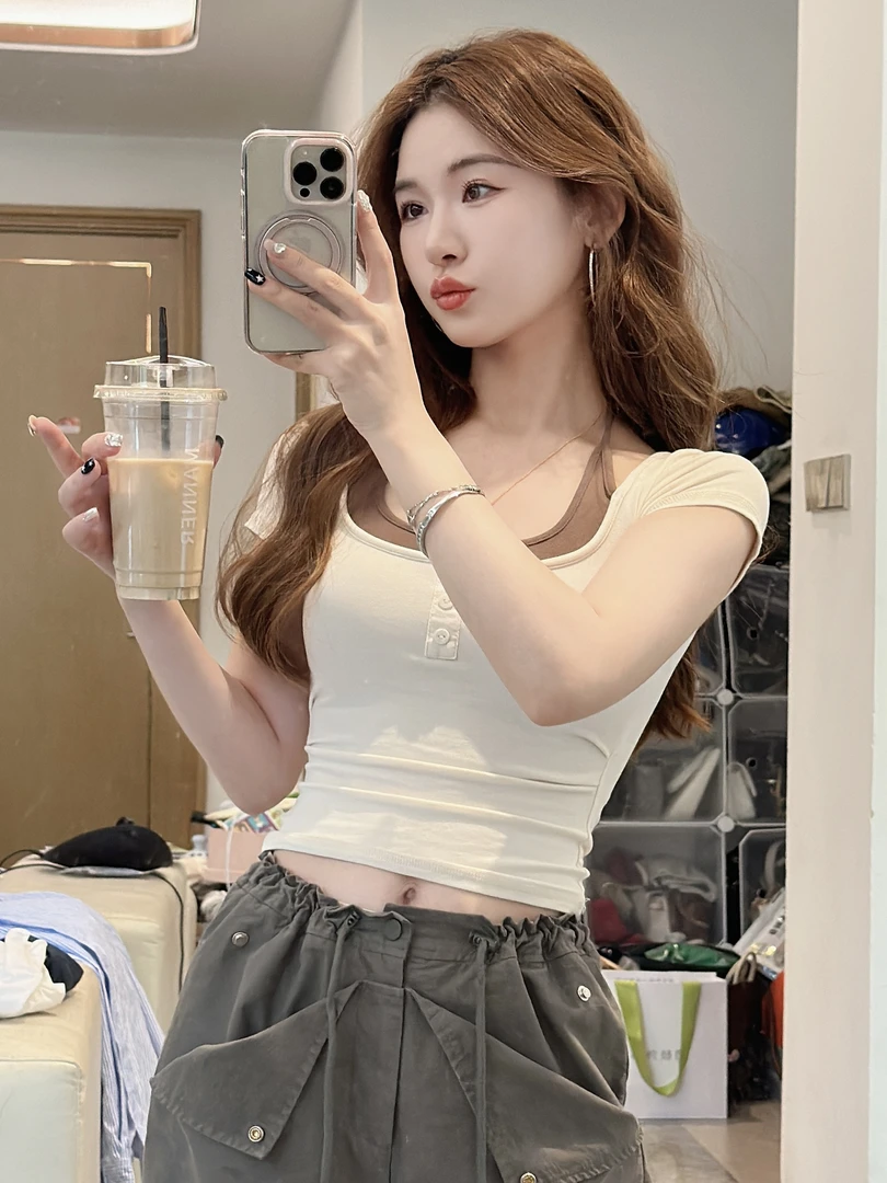 美式复古假两件  短袖T恤女2024新款辣妹修身短款上衣