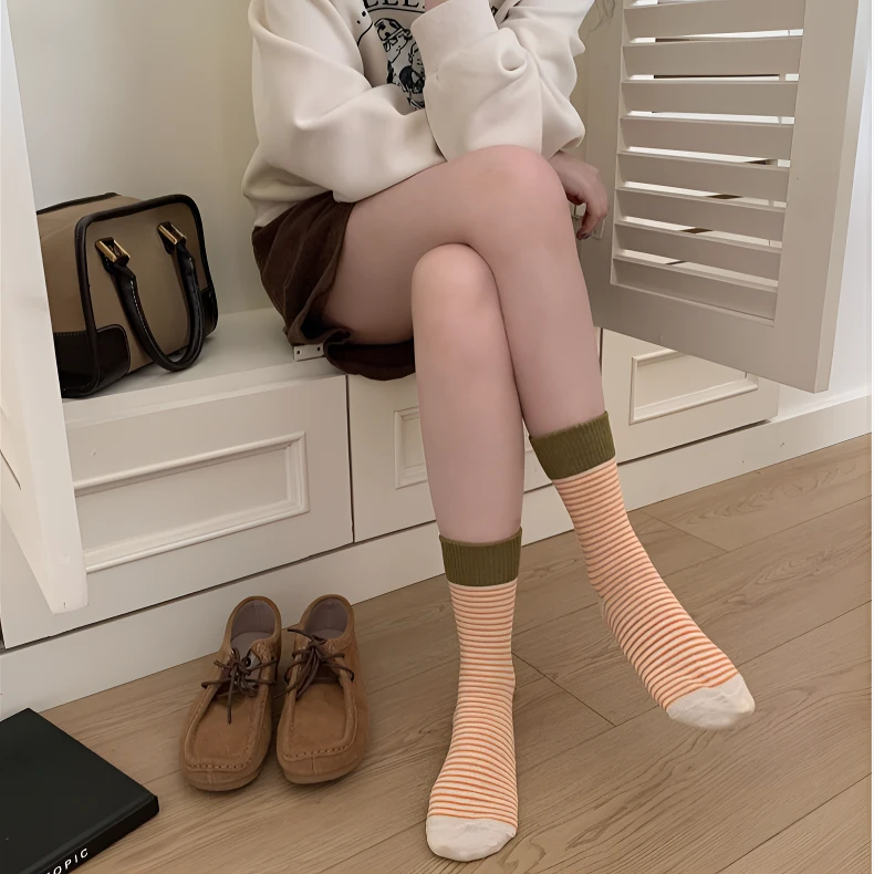 四季通用堆堆条纹袜美拉德条纹袜撞色韩系百搭复古氛围感超韩女袜