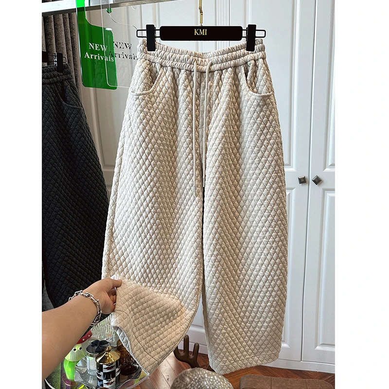 胖妹妹200斤大码复古日系菱格保暖夹棉裤子女秋冬休闲哈伦九分裤