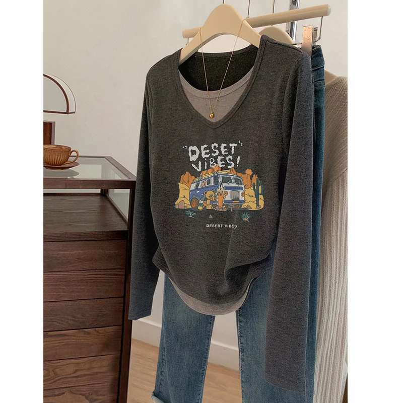 胖妹妹200斤大码复古假两件长袖T恤打底衫女秋季小众显瘦修身上衣