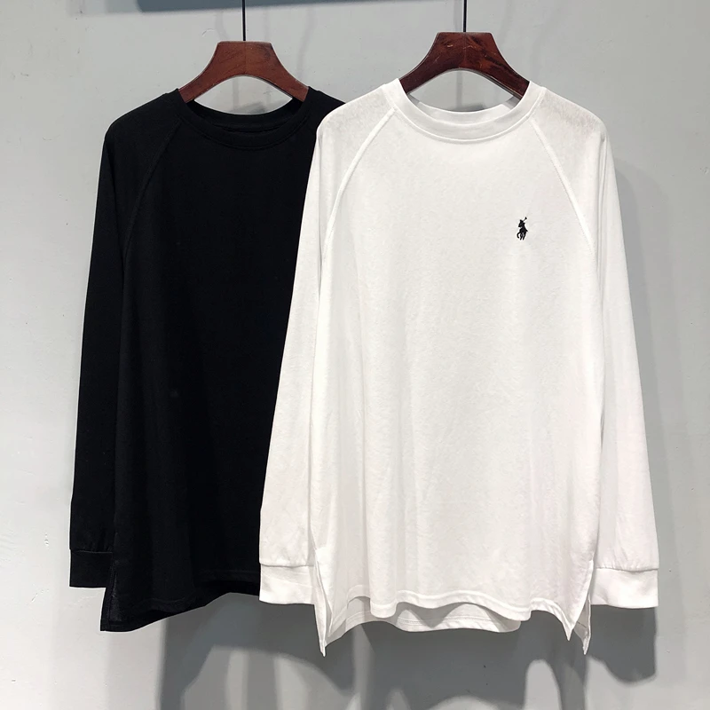 大码2025秋装新款刺绣图案双侧开叉宽松中长款胖妹妹长袖T恤女潮