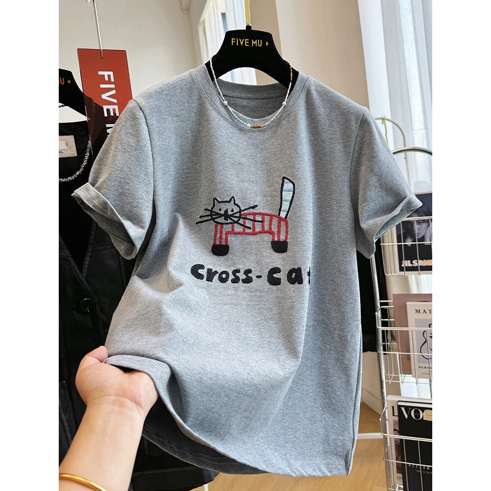 240斤大码秋冬卡通刺绣磨毛短袖T恤女减龄半袖胖MM打底衫时尚上衣