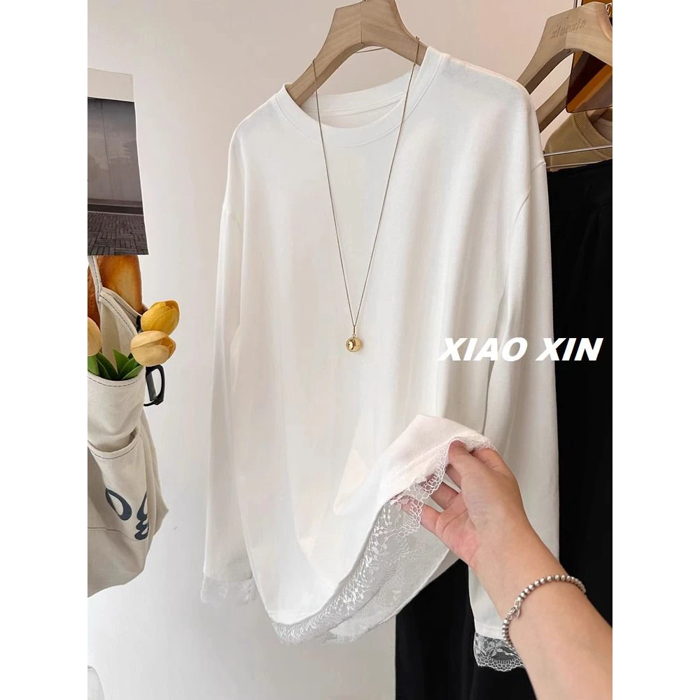 广州十三行高货爆款~拼接蕾丝下摆德绒打底衫女秋冬显瘦长袖上衣