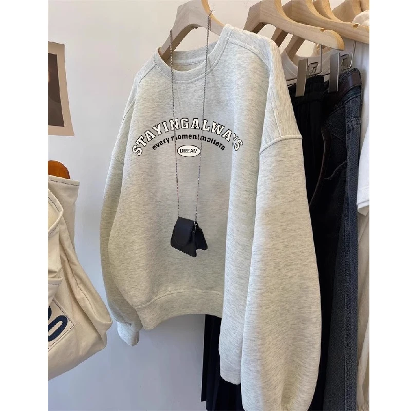 广州十三行爆款~圆领印花无帽卫衣女秋冬宽松显瘦慵懒风上衣外套