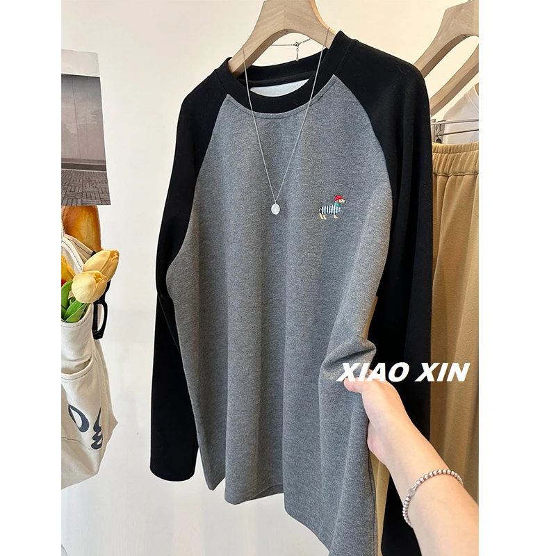 大码240斤韩系刺绣狗狗插肩磨毛长袖打底衫女秋冬季胖妹妹T恤上衣