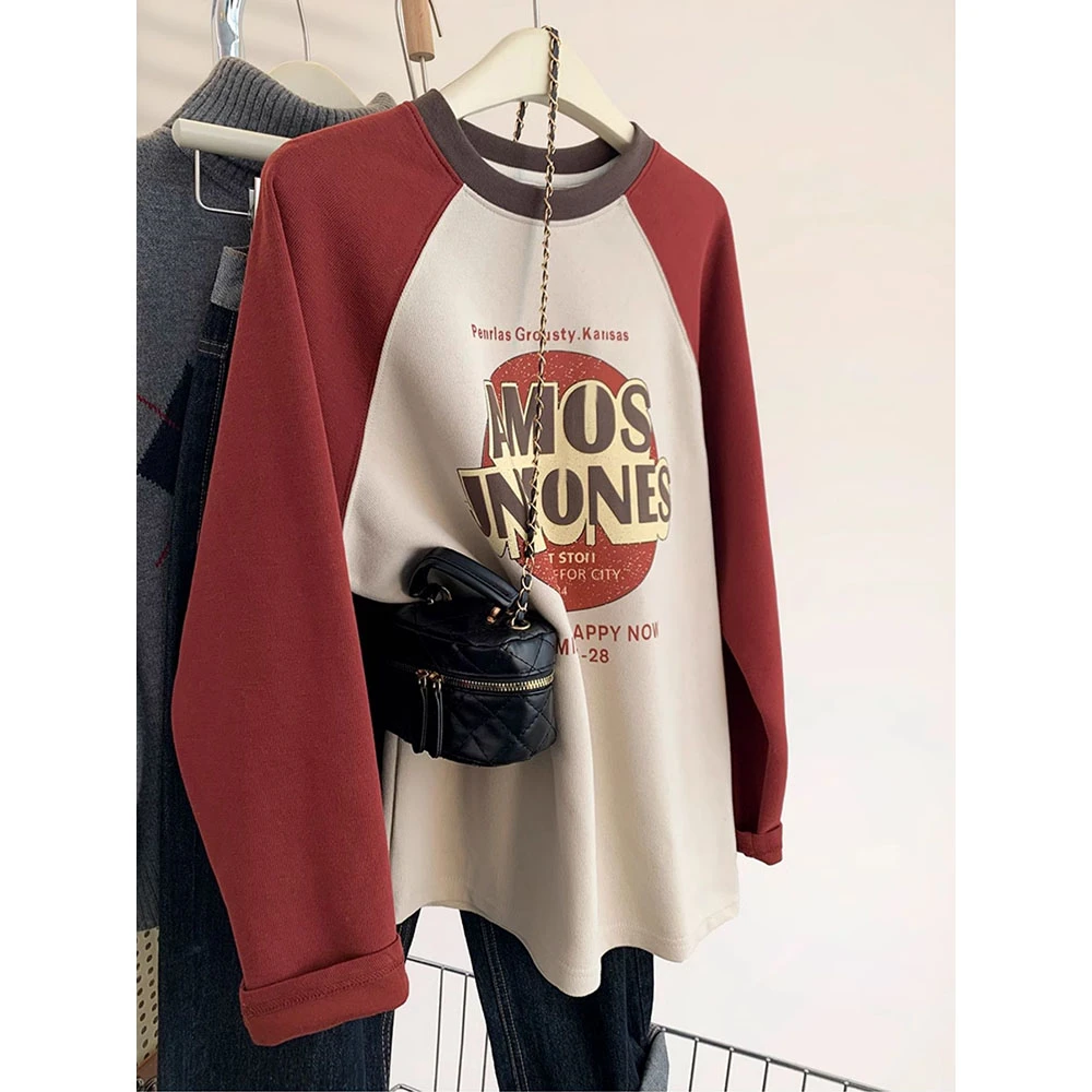 广州十三行爆款~磨毛撞色插肩美式长袖T恤女早秋季宽松叠穿上衣潮