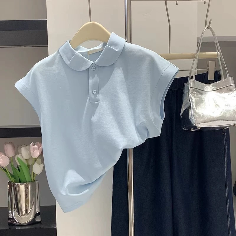 高级感法式轻熟无袖polo领T恤女夏季2024新款胖妹妹大码气质上衣