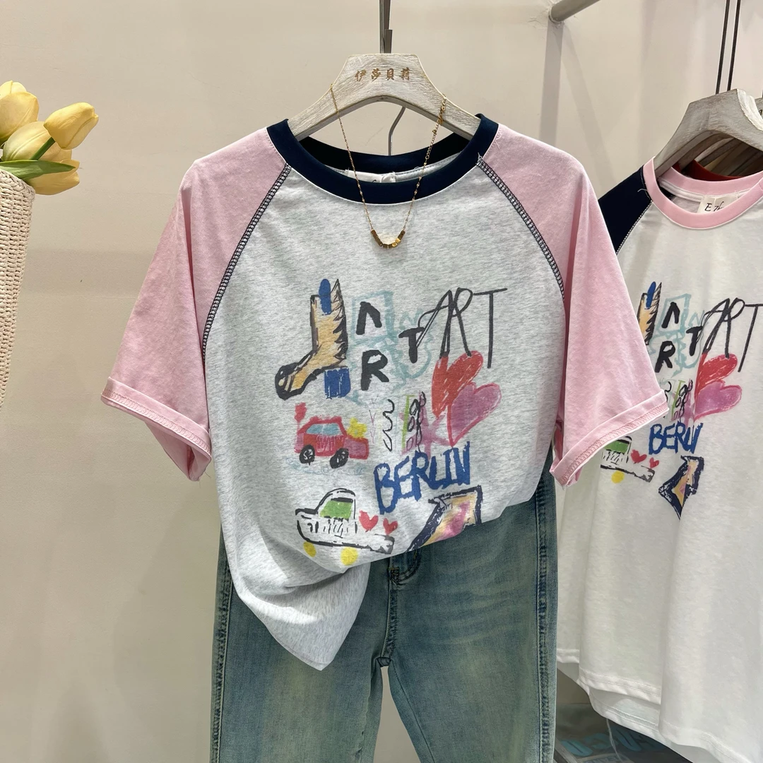 胖妹妹大码拼色纯棉短袖t恤女夏装2024韩版宽松插肩袖显瘦上衣ins