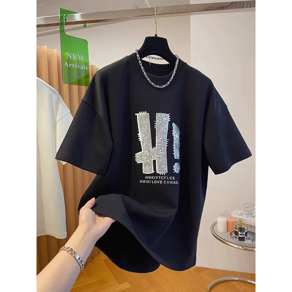 欧货重工亮片短袖t恤女夏装2024新款胖妹妹大码宽松显瘦遮肉上衣