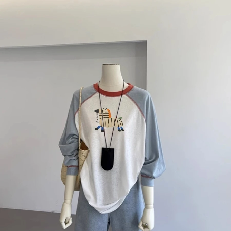 胖妹妹240斤大码雪花棉插肩撞色长袖T恤女秋季叠穿宽松上衣打底衫