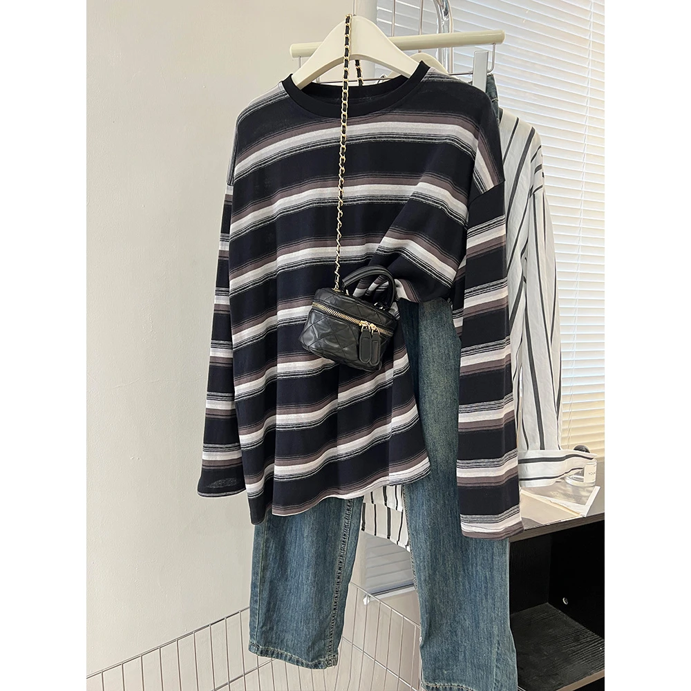 胖妹妹240斤大码黑色条纹正肩长袖t恤女春秋季设计感显瘦宽松上衣