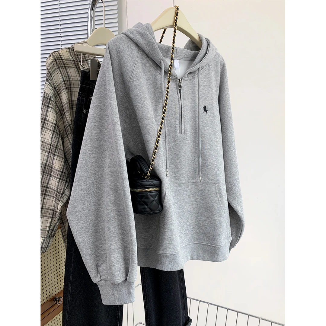 胖妹妹大码灰色半拉链连帽长袖卫衣女秋冬季2024新款外套宽松上衣