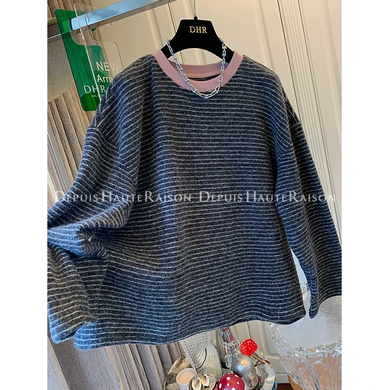 胖妹妹240斤大码慵懒软糯撞色条纹磨毛加厚长袖打底衫上衣女秋冬