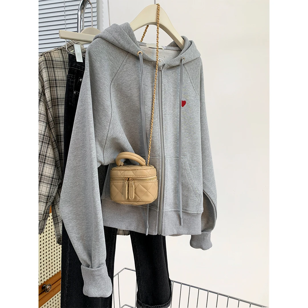 灰色长袖连帽卫衣外套女早秋2024新款拉链胖妹妹大码宽松开衫上衣