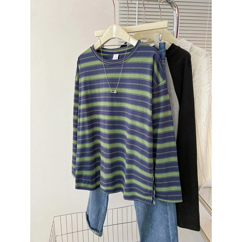 胖妹妹240斤大码复古撞色条纹长袖上衣女早秋季宽松显瘦T恤打底衫