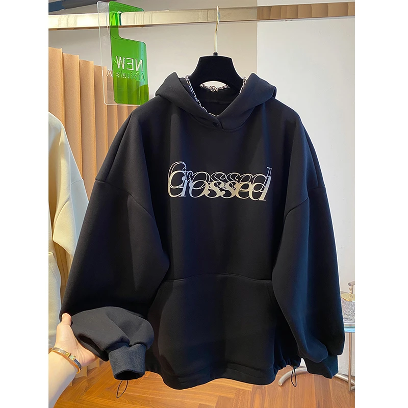 胖妹妹240斤大码重磅美式加厚加绒连帽衫卫衣女秋冬宽松休闲上衣