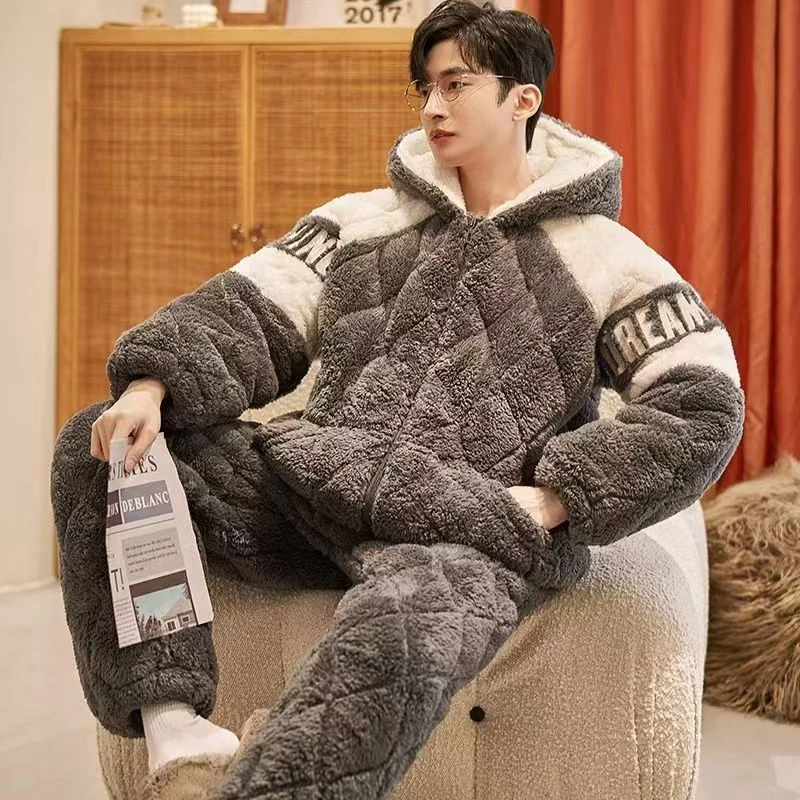 秋冬季男士睡衣三层夹棉加绒加厚保暖连帽居家外穿两不误2148