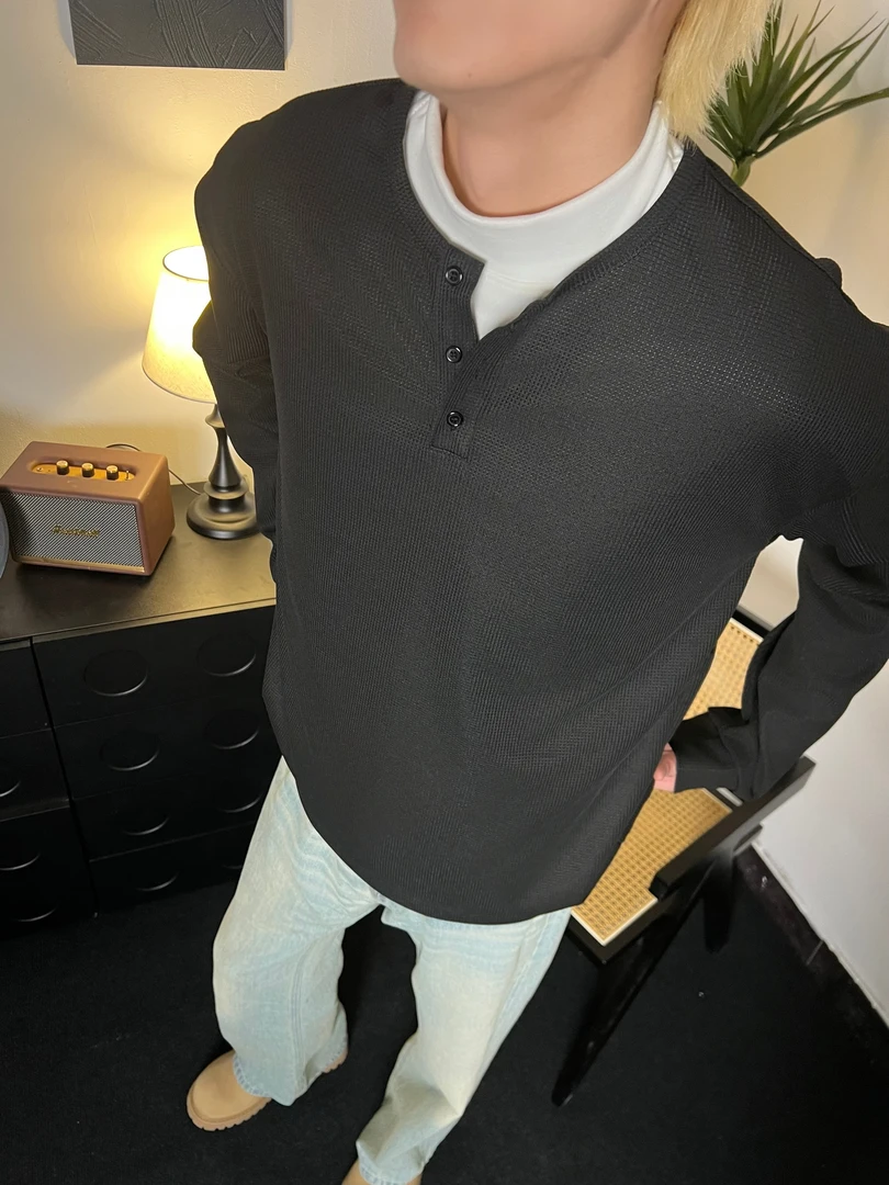 2024新款亨利领长袖男士T恤百搭宽松复古恤衫休闲运动上衣美式