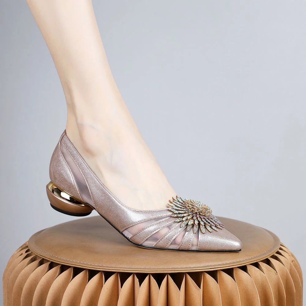 香港名媛2024年春秋新款百搭单鞋性感尖头网纱拼接法式低跟鞋女鞋