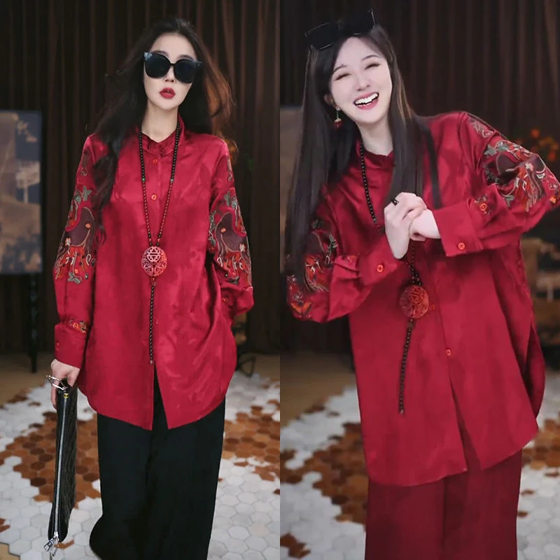 新中式国风提花中长款衬衫女欧洲站2025春秋新款高级感立领衬衣潮