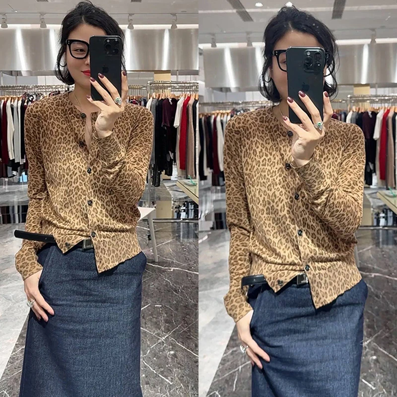 欧洲站2024秋季新款文艺复古单排扣豹纹开衫百搭休闲长袖上衣潮