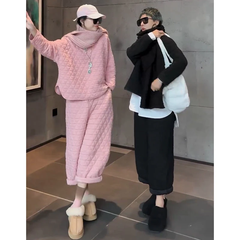 欧洲站2024秋季新款洋气宽松圆领上衣百搭高腰纯色休闲裤两件套女