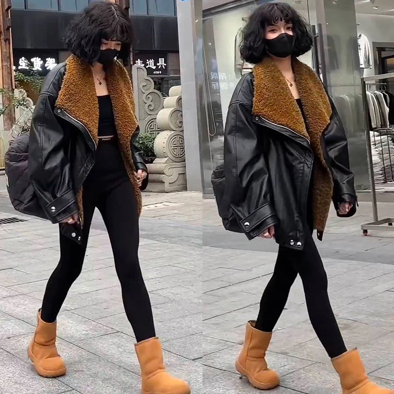 欧洲站2024冬季新款时髦质感高级加厚翻领PU皮机车服百搭棉衣外套