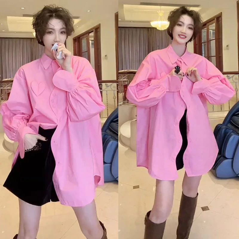 设计款宽松中长款粉色衬衫女欧洲站2024秋季新款时尚POLO领衬衣潮