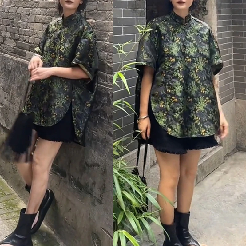 高级感立领印花中长款衬衫欧洲站2025夏季新款气质显瘦五分袖上衣