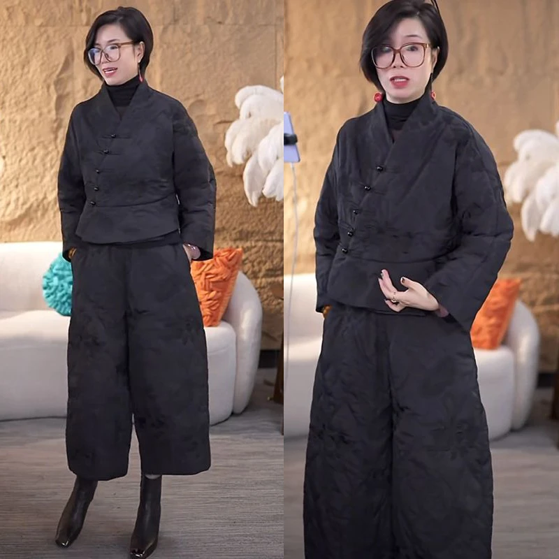 欧洲站2025冬季新款新中式国风V领棉衣女高腰百搭纯色休闲棉裤潮