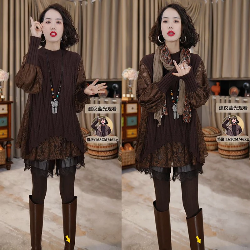 慵懒风宽松拼接针织衫女欧洲站2025冬季新款洋气百搭中长款毛衣潮