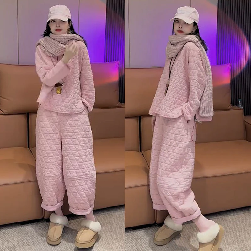 时尚纯色套装欧洲站2024秋季新款洋气宽松圆领上衣百搭高腰阔腿裤