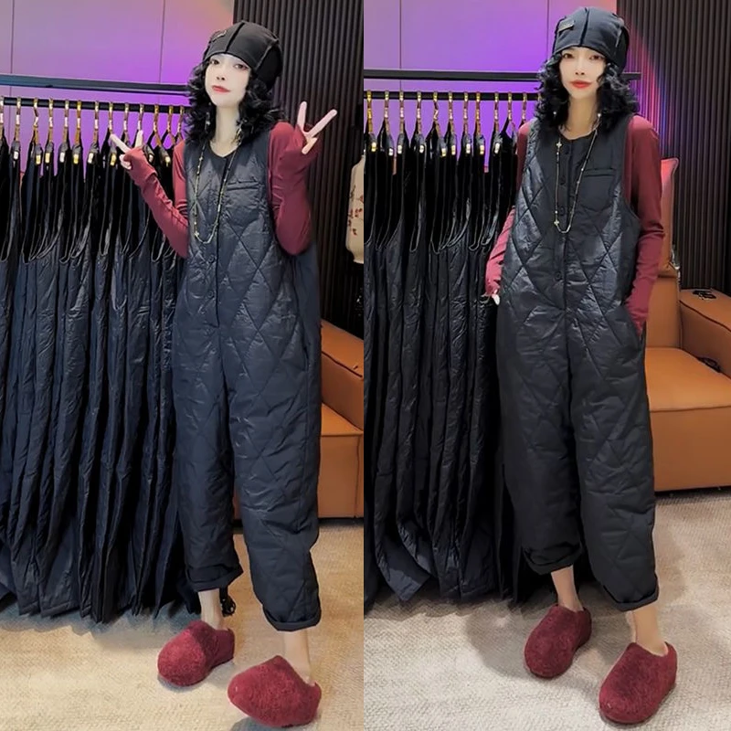 欧洲站2025秋冬新款韩系宽松显瘦圆领连体裤女高腰纯色休闲连衣裤