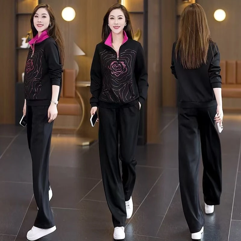 秋季时尚新款减龄休闲运动套装女洋气烫钻宽松显瘦气质百搭两件套