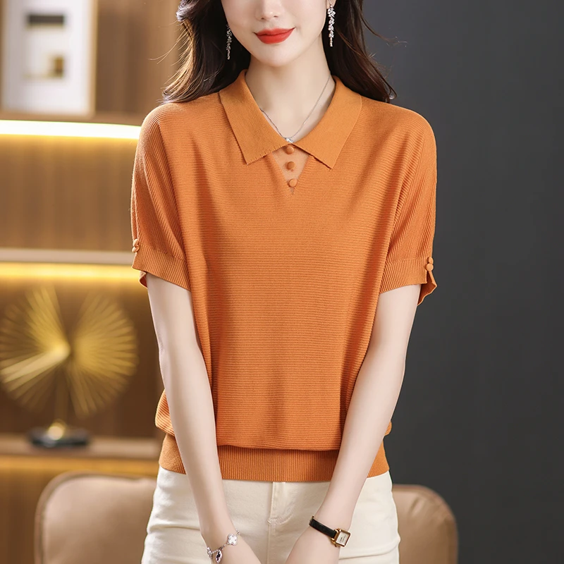 洋气微胖女装夏季蝙蝠袖冰丝短袖t恤大码宽松显瘦百搭Polo领上衣