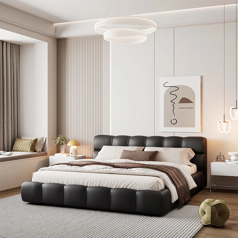 泡芙黑色真皮床轻奢意式极简头层牛皮双人床主卧高端大气网红婚床